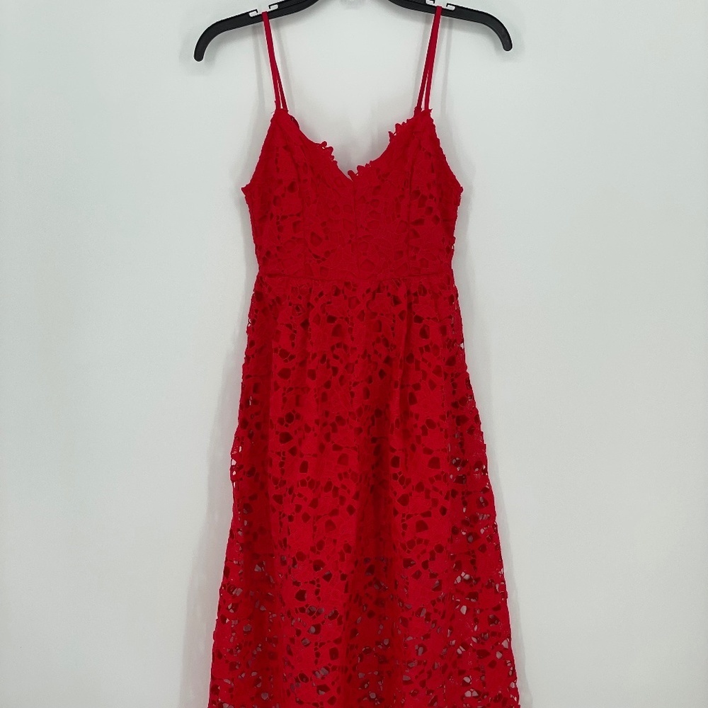 ASTR The Label Red Sleeveless Lace Fit & Flare Midi Dress